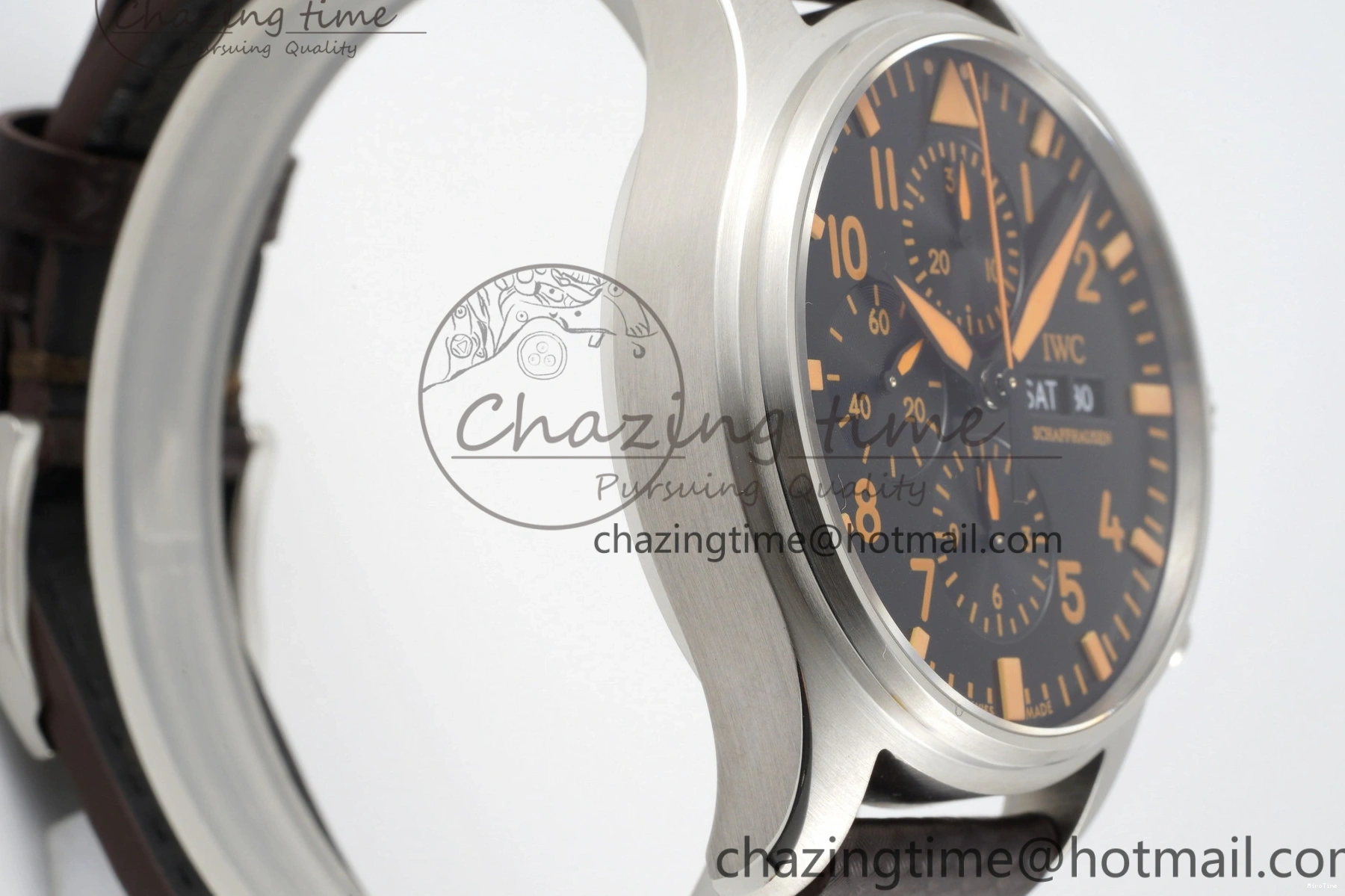 MIROTIME 0503 Pilot Chrono SS AZF 1:1 Best Edition Black Dial Orange Markers on Brown Leather Strap A EasyCare 7065